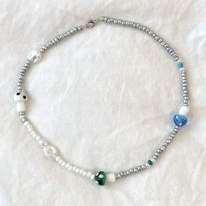 ”PSYCHEDELIC" BEADED NECKLACE, ONE SIZE, MULTICOLOR MUSHROOMS W/ SILVER BEADS